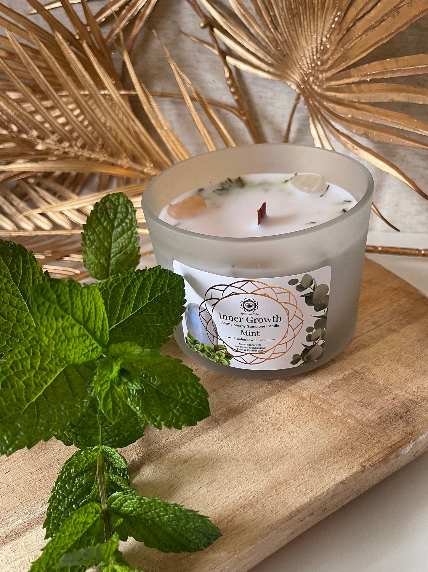 Bougie Green Tree 'Croissance intérieure' Pierre de Lune + Menthe 256g
